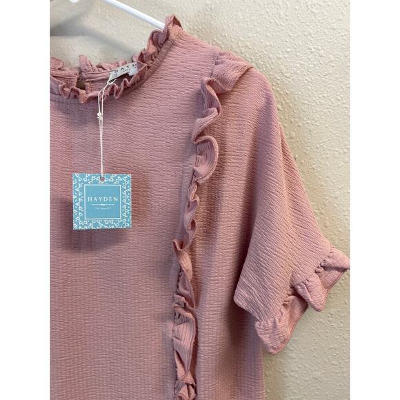 NWT Hayden Los Angeles BabyDoll Pink Ruffled Dolman Sleeve Keyhole Shirt Size M - Picture 2 of 8